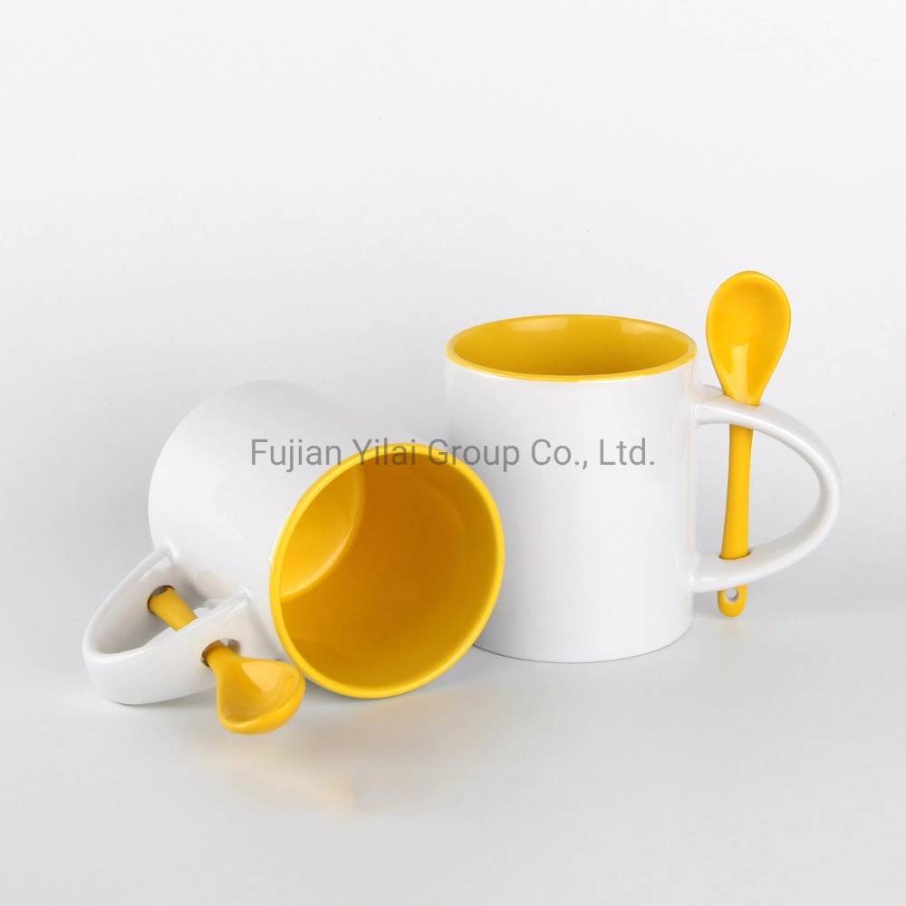 Customized 11 Oz High Quality Inner Color Coffee Cup Drinking Coated Spoon Handle Sublimation Ceramic Mug