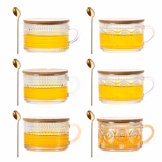 Taza de vidrio Taza de café transparente de 15 oz con tapas de bambú Cuchara para desayuno Té, leche, bebidas, avena, yogur